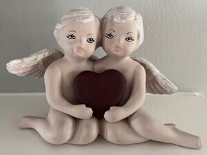 Old Fashioned Bisque Pottery Cherub Couple Angels Holding Heart